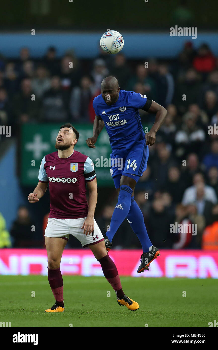 Birmingham, Midlands, UK. 10th April, 2018.Robert Snodgrass of Aston Villa (l) and Sol Bamba of Cardiff city in action. EFL Skybet Championship match, Aston Villa v Cardiff City at Villa Park in Birmingham on Tuesday 10th April 2018.  this image may only be used for Editorial purposes. Editorial use only, license required for commercial use. No use in betting, games or a single club/league/player publications. pic by  Andrew Orchard/Andrew Orchard sports photography/Alamy Live news Stock Photo