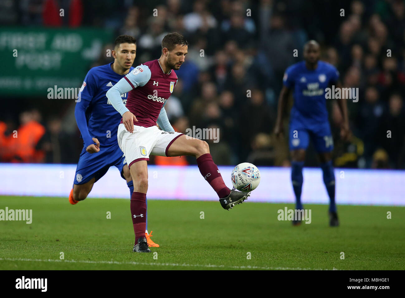 Birmingham, Midlands, UK. 10th April, 2018.Conor Hourihane of Aston Villa in action. EFL Skybet Championship match, Aston Villa v Cardiff City at Villa Park in Birmingham on Tuesday 10th April 2018.  this image may only be used for Editorial purposes. Editorial use only, license required for commercial use. No use in betting, games or a single club/league/player publications. pic by  Andrew Orchard/Andrew Orchard sports photography/Alamy Live news Stock Photo
