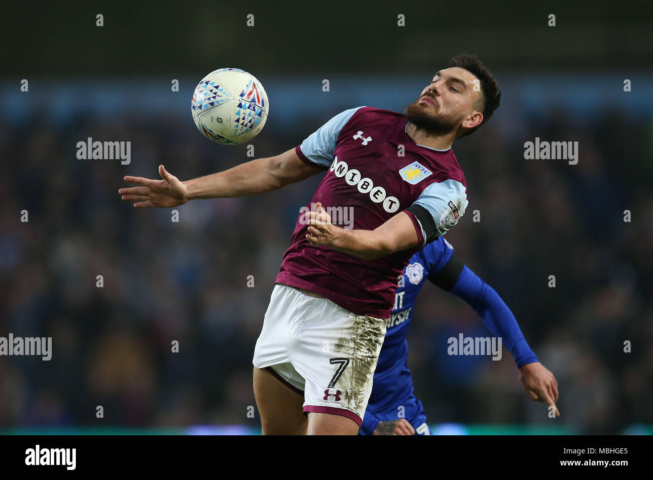 Birmingham, Midlands, UK. 10th April, 2018.Robert Snodgrass of Aston Villa in action. EFL Skybet Championship match, Aston Villa v Cardiff City at Villa Park in Birmingham on Tuesday 10th April 2018.  this image may only be used for Editorial purposes. Editorial use only, license required for commercial use. No use in betting, games or a single club/league/player publications. pic by  Andrew Orchard/Andrew Orchard sports photography/Alamy Live news Stock Photo