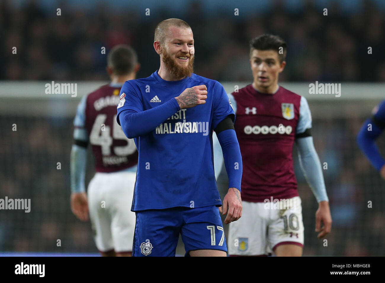 Birmingham, Midlands, UK. 10th April, 2018.Aron Gunnarsson of Cardiff city.EFL Skybet Championship match, Aston Villa v Cardiff City at Villa Park in Birmingham on Tuesday 10th April 2018.  this image may only be used for Editorial purposes. Editorial use only, license required for commercial use. No use in betting, games or a single club/league/player publications. pic by  Andrew Orchard/Andrew Orchard sports photography/Alamy Live news Stock Photo
