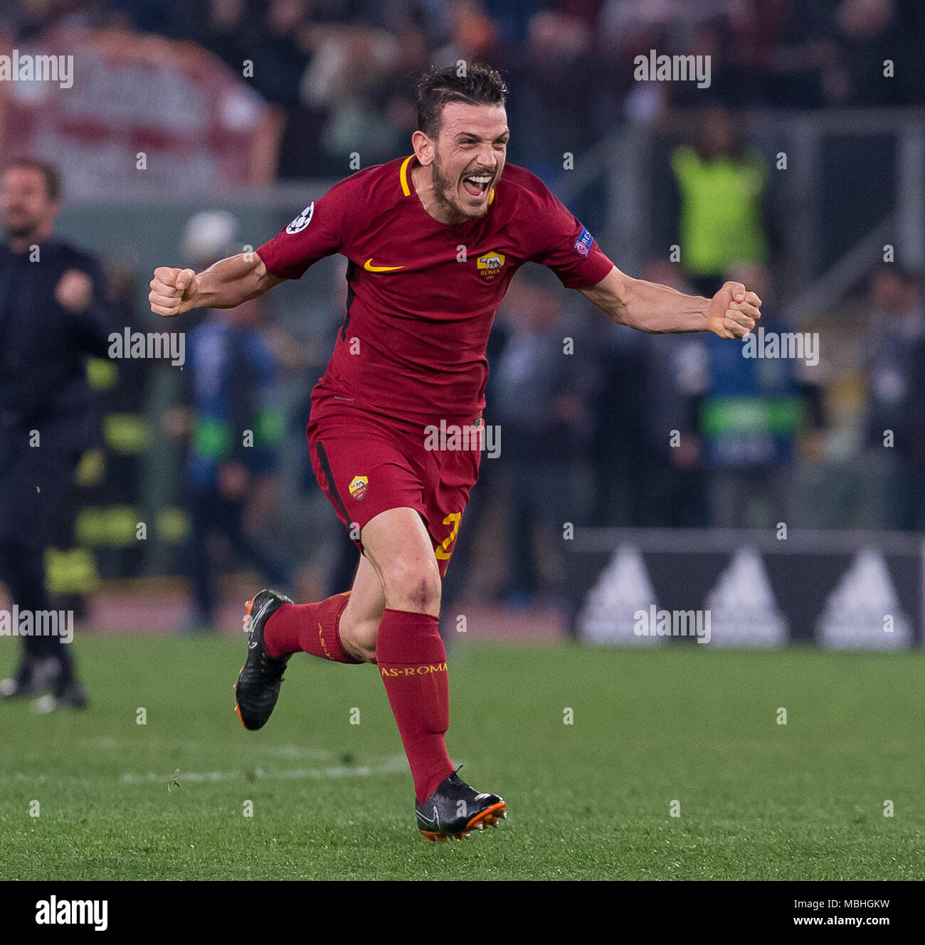 Rome, Italy. 10th Apr, 2018. Alessandro Florenzi of Rome celebrate the  victory during UEFA Champions League quarter final match between AS Roma  and FC Barcelona at Olympic Stadium. Credit: Ernesto Vicinanza/SOPA  Images/ZUMA