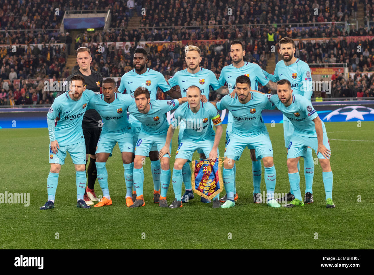 Marc-Andre ter Stegen, Samuel Umtiti, Ivan Rakitic, Sergio Busquets Burgos, Gerard Pique Bernabeu, Lionel Andres Messi, Nelson Cabral Semedo, Sergi Roberto Carnicer, Andres Iniesta Lujan, Luis Alberto Suarez Diaz, Jordi Alba Ramos, Team of Barcelona during the Uefa ' Champions League ' Quarter-finals, 2st leg, match between Roma 3-0 Barcelona at Olimpic Stadium on April 10, 2018 in Roma, Italy. Credit: Maurizio Borsari/AFLO/Alamy Live News Stock Photo