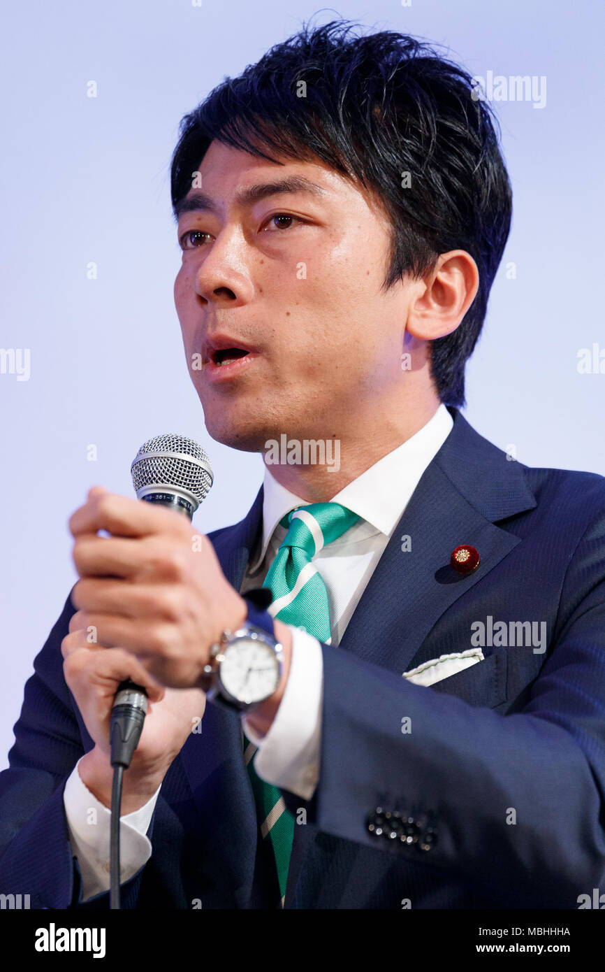 Shinjiro Koizumi, Member of the House of Representatives speaks during the New Economy Summit (NEST 2018) on April 11, 2018, Tokyo, Japan. The annual summit is organized by the Japan Association of New Economy (JANE) and global entrepreneurs and innovators will attend to discuss economy and future trends. Credit: Rodrigo Reyes Marin/AFLO/Alamy Live News Stock Photo