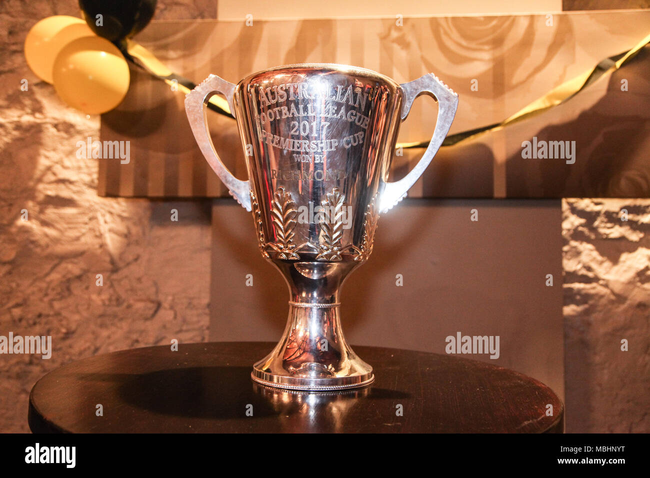 Ballarat, Victoria, Australia. 11th April 2018. The 2017 AFL grand final saw the Richmond tigers break a drought dating back to 1980 to defeat the Adelaide Crows to win their 11th premiership.The cup was excluded on a tour of Victoria in late 2017 but after hard work by the Ballarat Tigers Support Club and the Licenecee of the Venue they secured the event for the public and supporters of Ballarat. Credit: brett keating/Alamy Live News Stock Photo