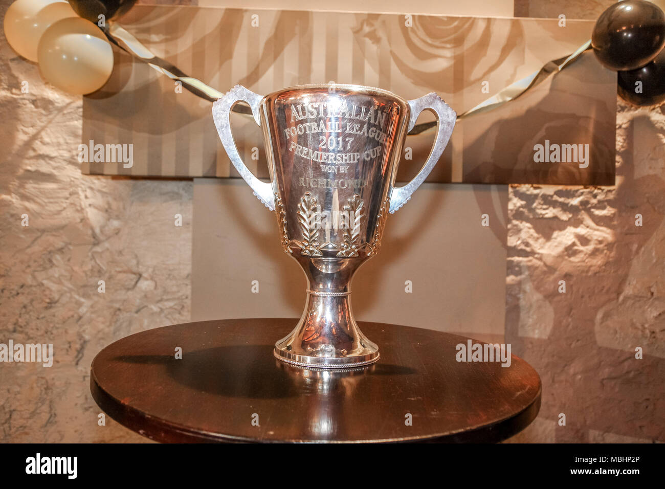 Ballarat, Victoria, Australia. 11th April 2018. The 2017 AFL grand final saw the Richmond tigers break a drought dating back to 1980 to defeat the Adelaide Crows to win their 11th premiership.The cup was excluded on a tour of Victoria in late 2017 but after hard work by the Ballarat Tigers Support Club and the Licenecee of the Venue they secured the event for the public and supporters of Ballarat. Credit: brett keating/Alamy Live News Stock Photo