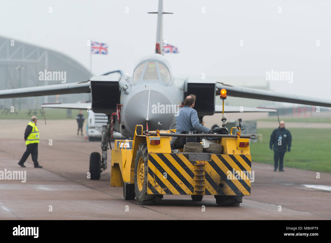 IWM Duxford, Cambridgeshire, UK. 11 April 2018. Imperial War Museums, working with RAF Marham, add Tornado GR4 ZA469 to the displays at IWM Duxford. Tornado GR4 ZA469 is transported from the Conservation Hall in AirSpace to the Battle of Britain exhibition, where it goes on display to visitors from 11 April 2018. The Tornado GR4 is the most significant combat jet used by the RAF during the last 27 years and continues in service until 2019. Credit: Malcolm Park/Alamy Live News. Stock Photo