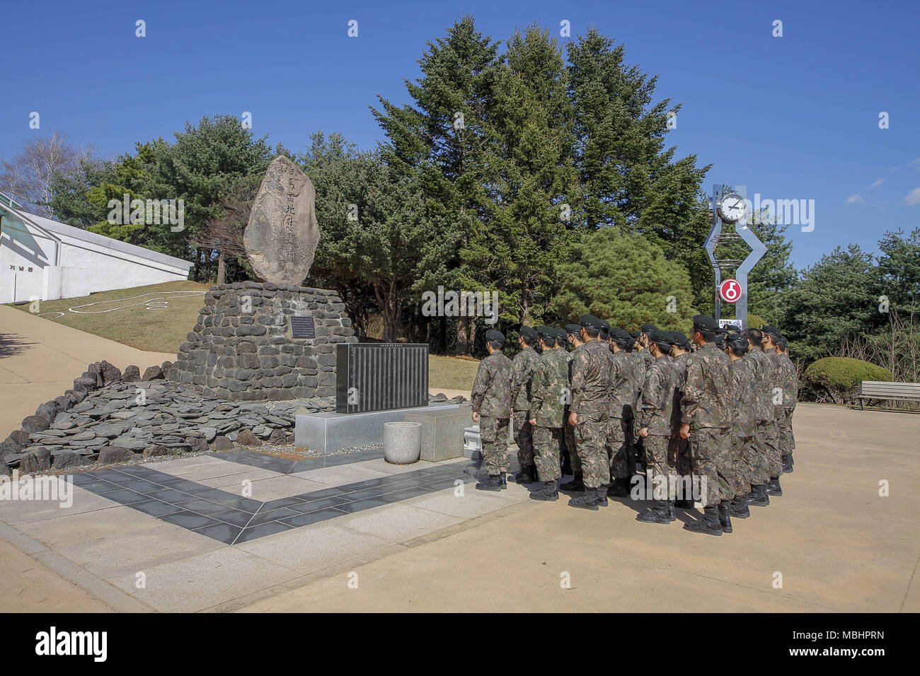 Cheorwon, GANGWON, SOUTH KOREA. 11th Apr, 2018. April 11, 2018-Goyang, South Korea-South Korean Army soldiers visit battle of white horse memorial monument in Cheorwon, South Korea. The Battle of White Horse was another in a series of bloody battles for dominant hilltop positions during the Korean War. Baengma-goji was a 395-metre (1,296 ft) hill in the Iron Triangle, formed by Pyonggang at its peak and Gimhwa-eup and Cheorwon at its base, was a strategic transportation route in the central region of the Korean peninsula. White Horse was the crest of a forested hill mass that extended in a n Stock Photo