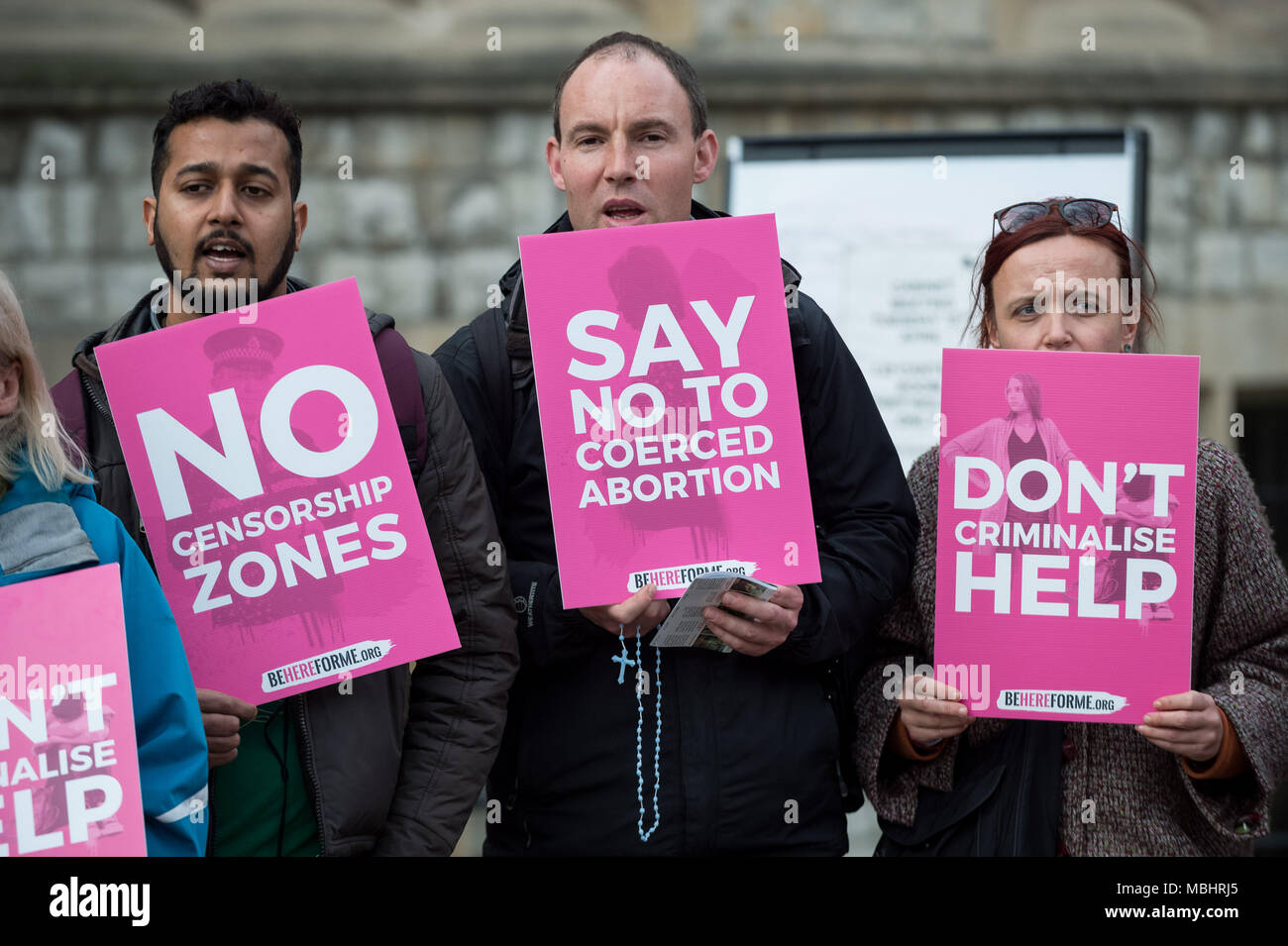 Ealing, West London, UK. 10th April 2018. Anti-abortion supporters, including members of the Catholic Good Council Network hold a vigil outside Ealing Town Hall as Ealing Council cabinet members vote to decide on the UK's first ever Public Space Protection Order (PSPO) safe zone outside the Marie Stopes health clinic. Credit: Guy Corbishley/Alamy Live News Stock Photo