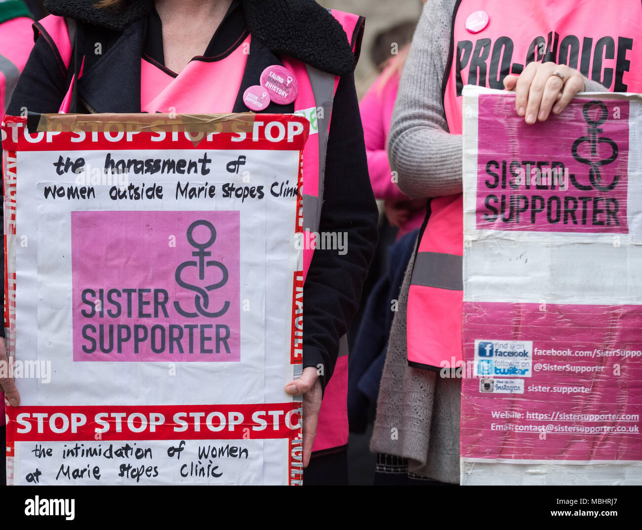 Ealing, West London, UK. 10th April 2018. Sister Supporter Pro-Choice members outside Ealing Town Hall on the day Ealing Council cabinet members voted to decide on the UK's first ever Public Space Protection Order (PSPO) safe zone outside the Marie Stopes health clinic. Credit: Guy Corbishley/Alamy Live News Stock Photo