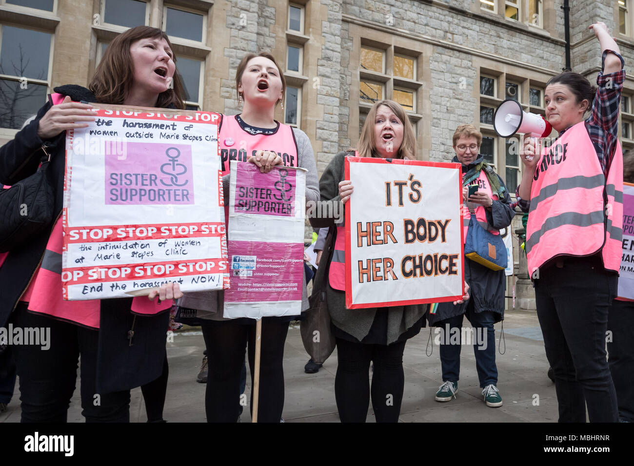 Ealing, West London, UK. 10th April 2018. Sister Supporter Pro-Choice members outside Ealing Town Hall on the day Ealing Council cabinet members voted to decide on the UK's first ever Public Space Protection Order (PSPO) safe zone outside the Marie Stopes health clinic. Credit: Guy Corbishley/Alamy Live News Stock Photo