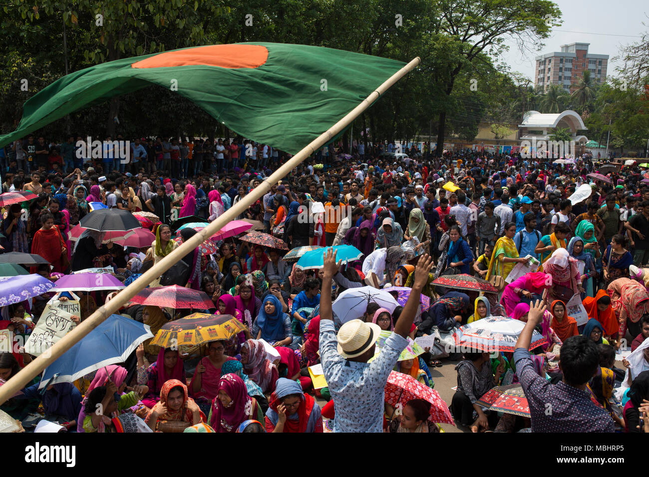 DHAKA, BANGLADESH - APRIL 11 : Bangladeshi students gather for a protest against quotas for certain groups of people in government jobs in Dhaka, Bangladesh on April 11, 2018.  Tens of thousands of university students marched in cities across Bangladesh on April 11 in one of the biggest protests faced by Prime Minister Sheikh Hasina in her decade in power. Students fighting against a controversial policy that sets aside government jobs for special groups have united in mass protests rarely seen on such a scale in Bangladesh. Credit: zakir hossain chowdhury zakir/Alamy Live News Stock Photo
