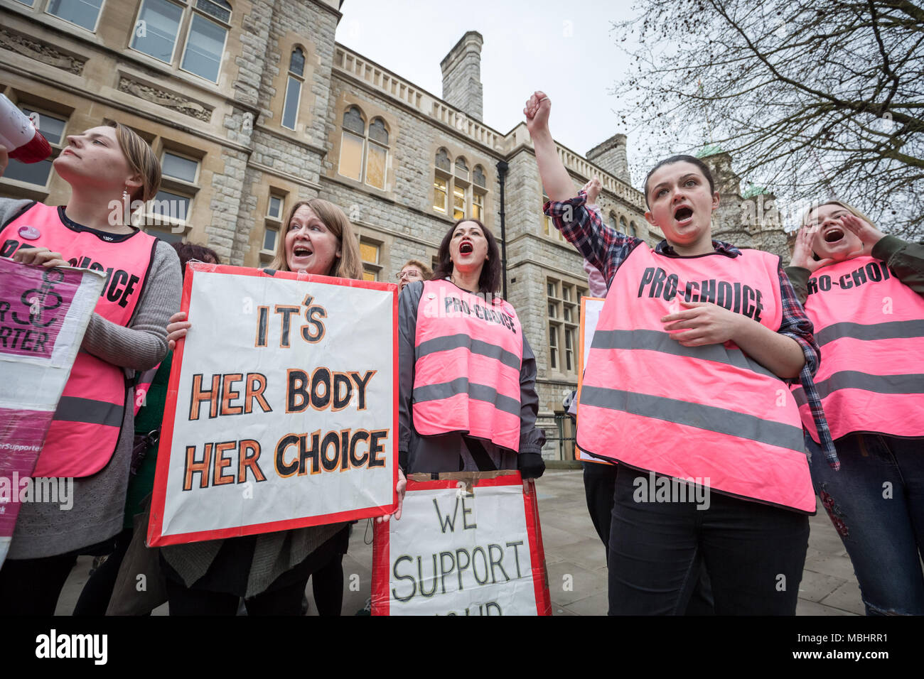Ealing, West London, UK. 10th April 2018. Sister Supporter Pro-Choice members outside Ealing Town Hall on the day Ealing Council cabinet members voted to decide on the UK's first ever Public Space Protection Order (PSPO) safe zone outside the Marie Stopes health clinic. Credit: Guy Corbishley/Alamy Live News Stock Photo