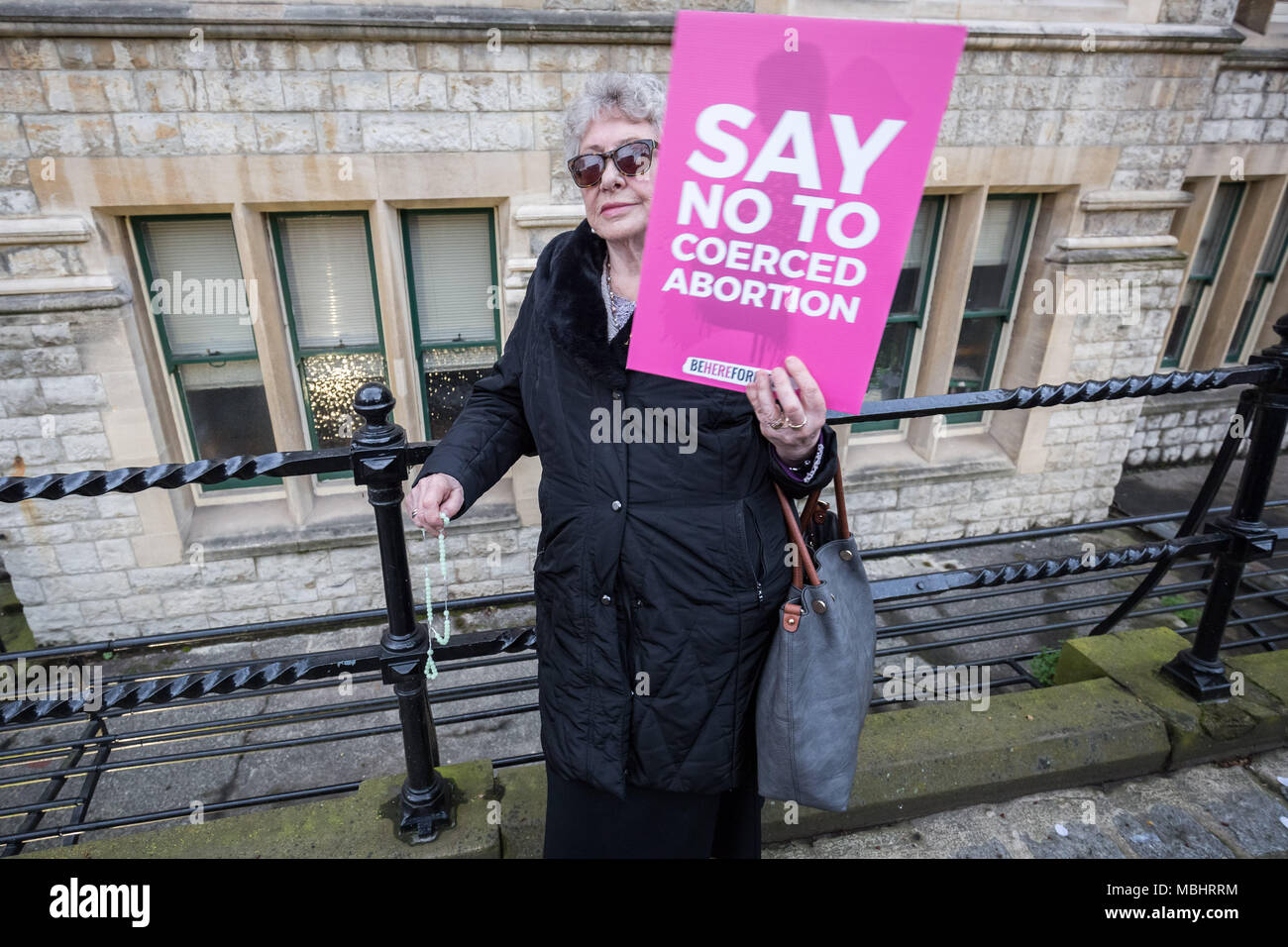 Ealing, West London, UK. 10th April 2018. Anti-abortion supporters, including members of the Catholic Good Council Network hold a vigil outside Ealing Town Hall as Ealing Council cabinet members vote to decide on the UK's first ever Public Space Protection Order (PSPO) safe zone outside the Marie Stopes health clinic. Credit: Guy Corbishley/Alamy Live News Stock Photo