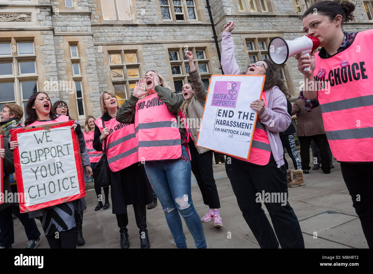 Ealing, West London, UK. 10th April 2018. Sister Supporter Pro-Choice members outside Ealing Town Hall on the day Ealing Council cabinet members voted to decide on the UK's first ever Public Space Protection Order (PSPO) safe zone outside the Marie Stopes health clinic. Credit: Guy Corbishley/Alamy Live News Stock Photo