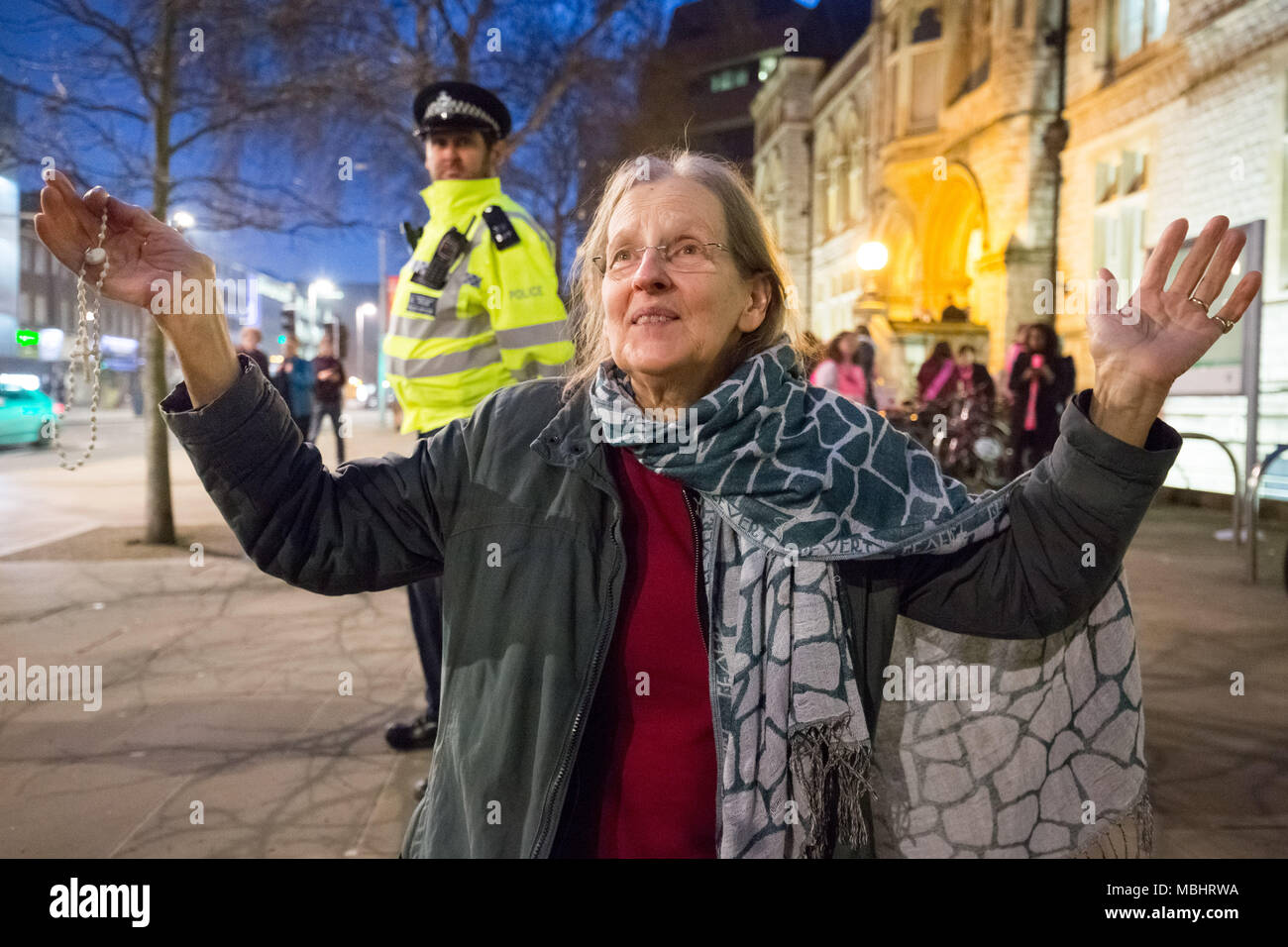 Ealing, West London, UK. 10th April 2018. Anti-abortion supporters, including members of the Catholic Good Council Network hold a vigil outside Ealing Town Hall as Ealing Council cabinet members vote to decide on the UK's first ever Public Space Protection Order (PSPO) safe zone outside the Marie Stopes health clinic. Credit: Guy Corbishley/Alamy Live News Stock Photo