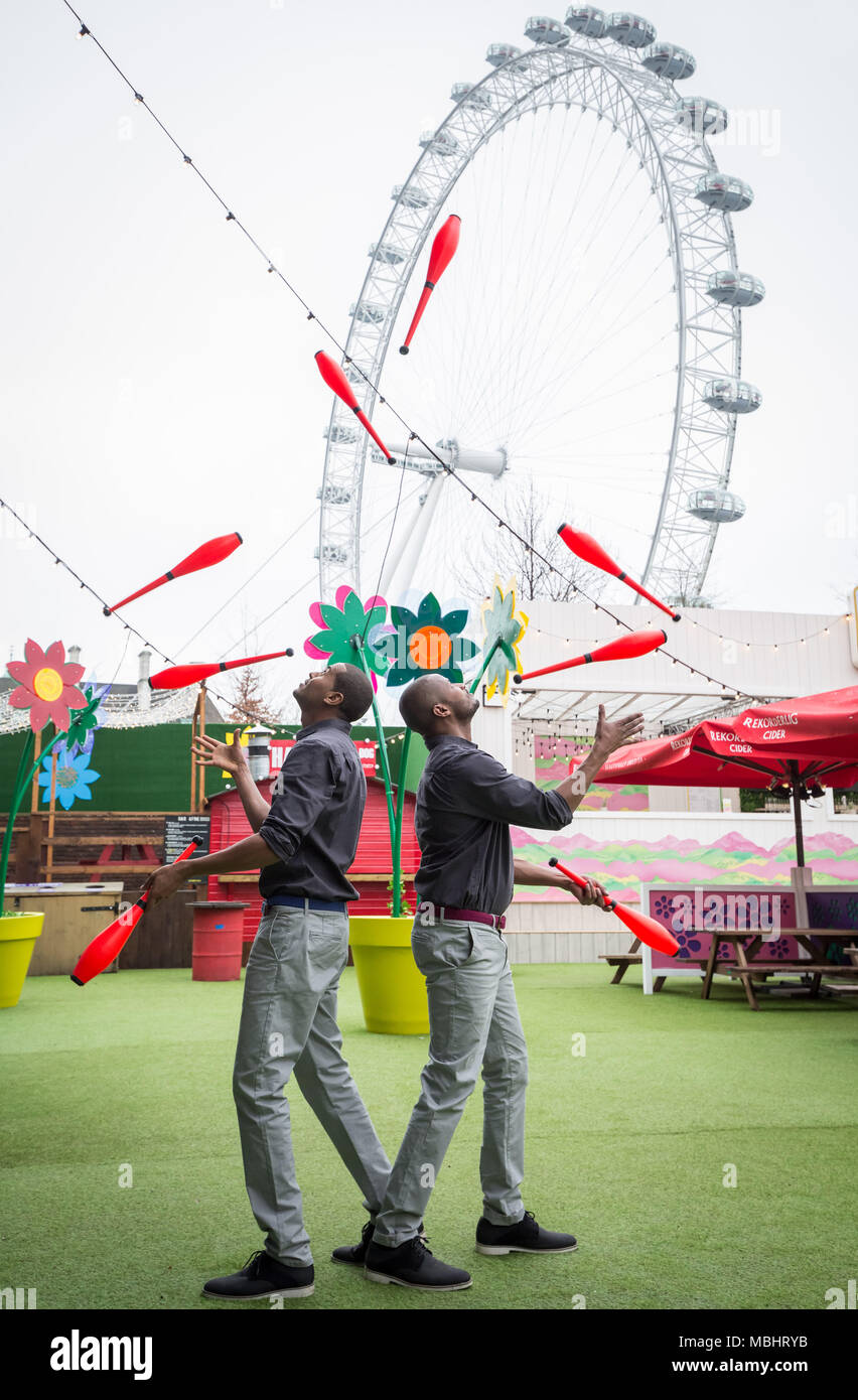 London, UK. 10th April 2018. Launch performance of Circus Abyssinia: Ethiopian Dream. The headline act of the Underbelly Festival Southbank to celebrate 250 years of circus and 10 years of Underbelly on the Southbank. Credit: Guy Corbishley/Alamy Live News Stock Photo
