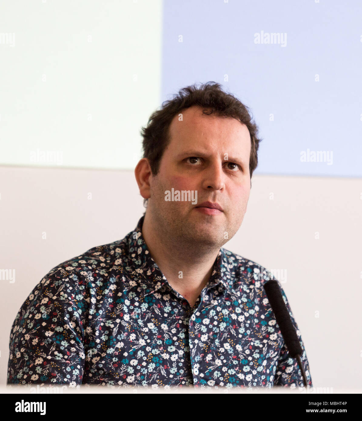 London, UK, April 11, 2018: Author Adam Kay on a meeting at the 2018 London Book Fair in Olympia Exhibition Centre in London. Credit: Michal Busko/Alamy Live News Stock Photo