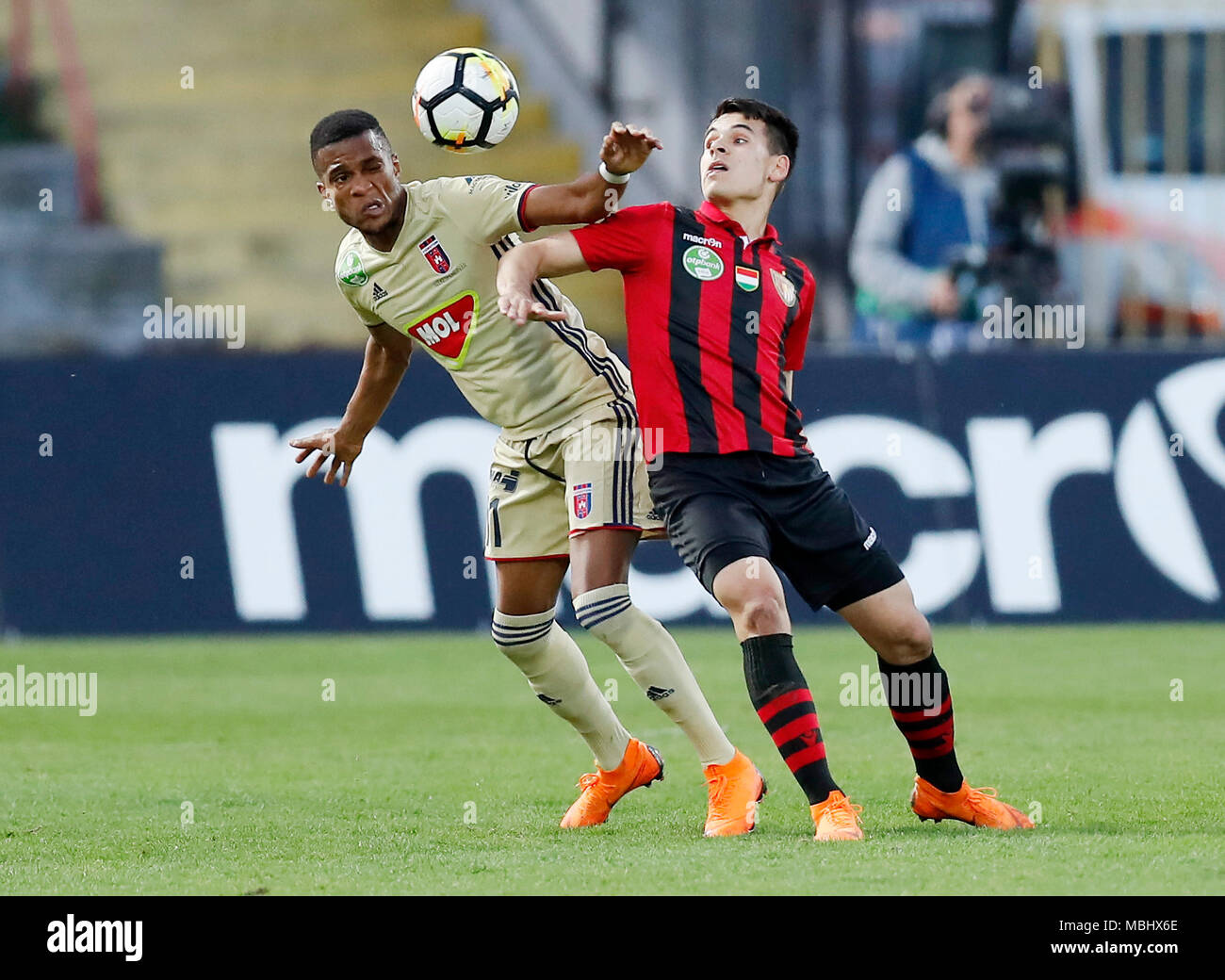 Budapest Hungary April 11 L R Loic Nego Of Videoton Fc Fights For The Ball With Bence Bano Szabo Of Budapest Honved During The Hungarian Otp Bank Liga Match Between Budapest Honved And