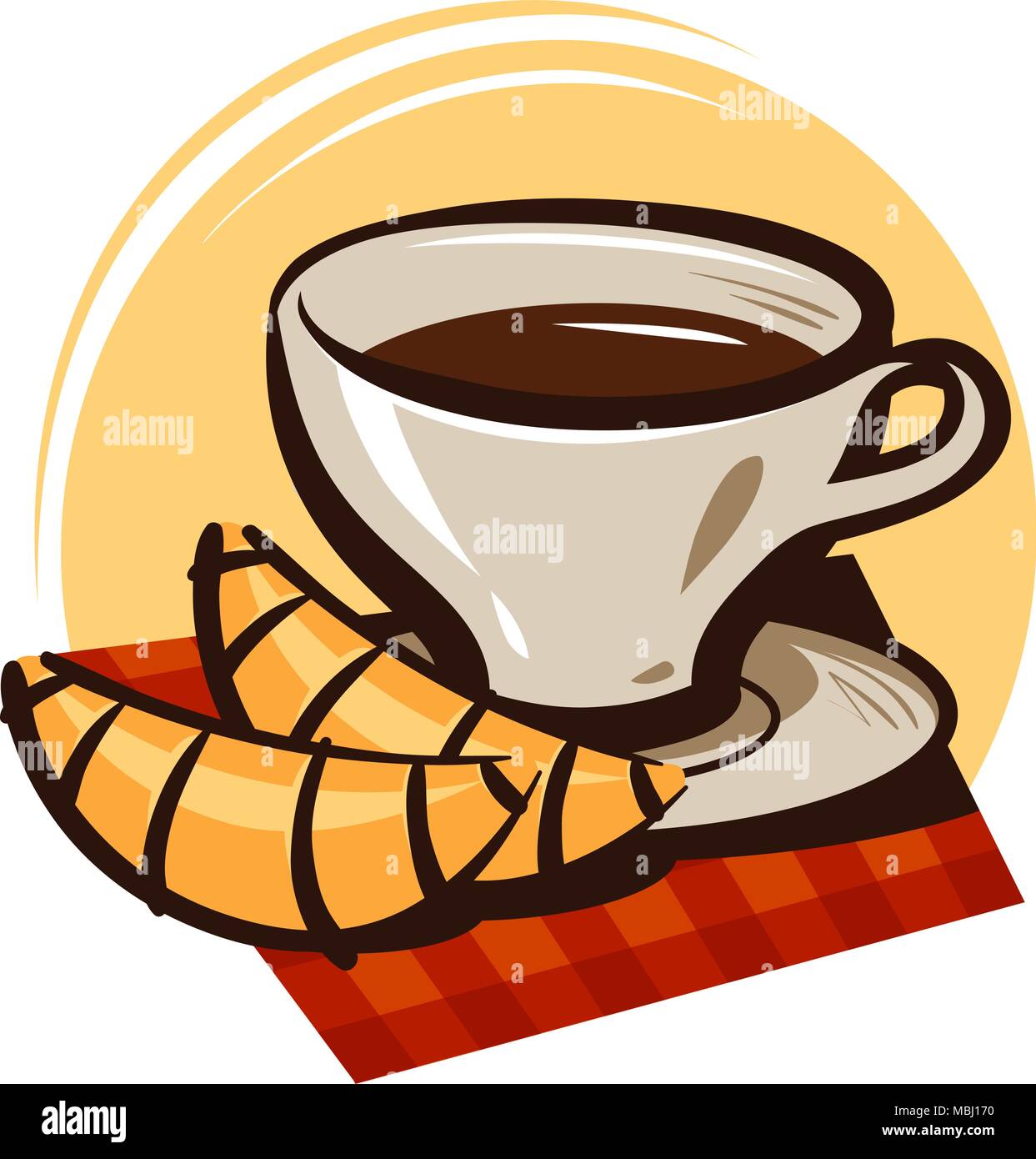 Cup of coffee, tea and croissant. Hot drink, dessert logo or label. Cartoon vector illustration Stock Vector