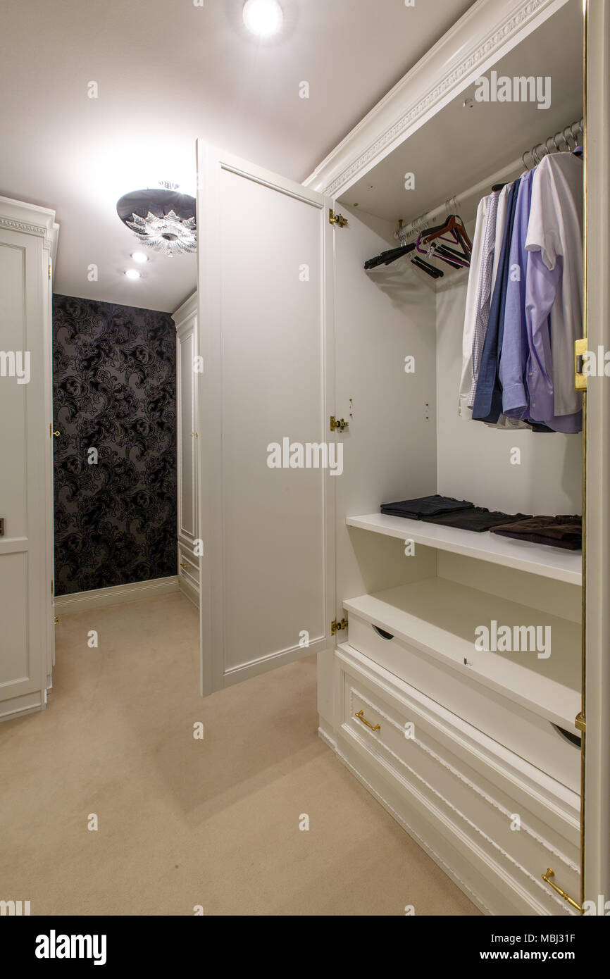 Luxury Dressing Room In Apartment With Carpet Floor Big White