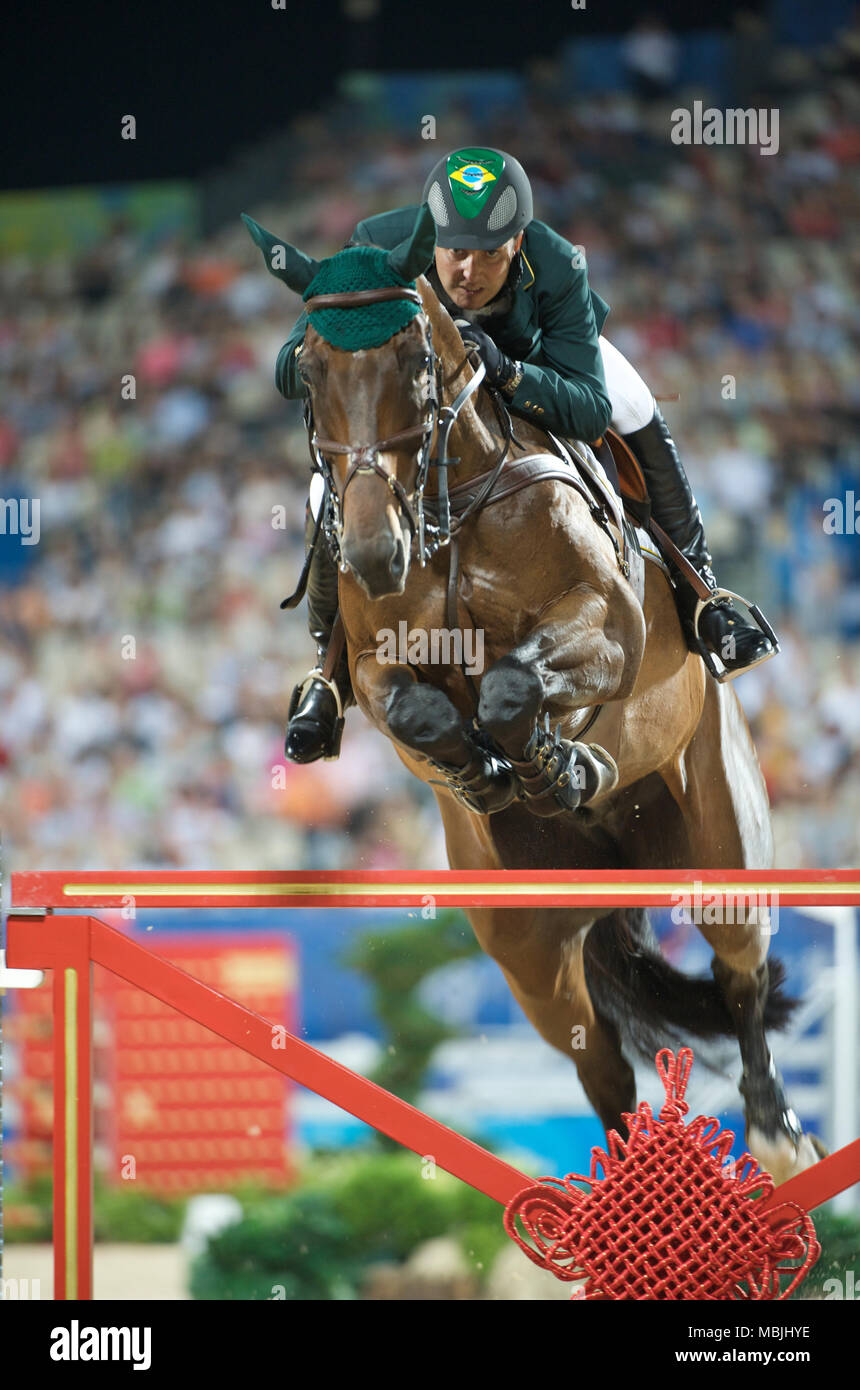 Olympic Games 2008, Hong Kong (Beijing Games) August 2008, Bernardo Alves (BRA) riding Chupa Chup 2, Individual jumping and team qualifier Stock Photo