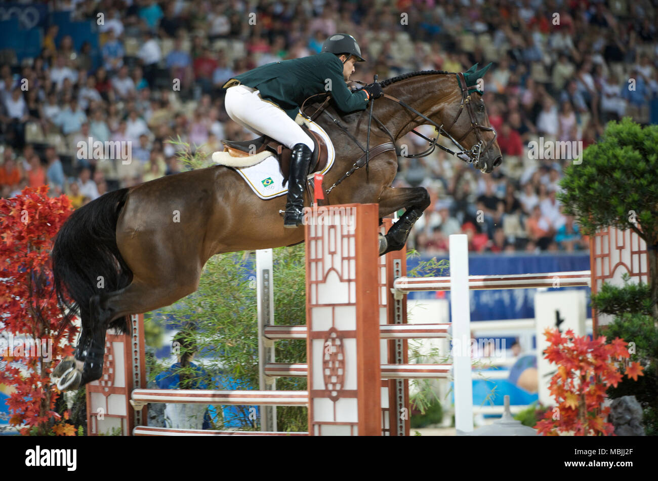 Olympic Games 2008, Hong Kong (Beijing Games) August 2008, Bernardo Alves (BRA) riding Chupa Chup 2, Individual jumping and team qualifier Stock Photo
