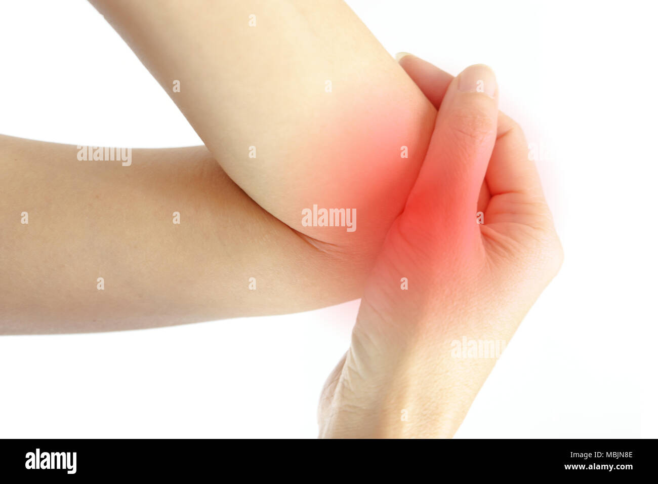 Woman Elbow pain on white background Stock Photo Alamy