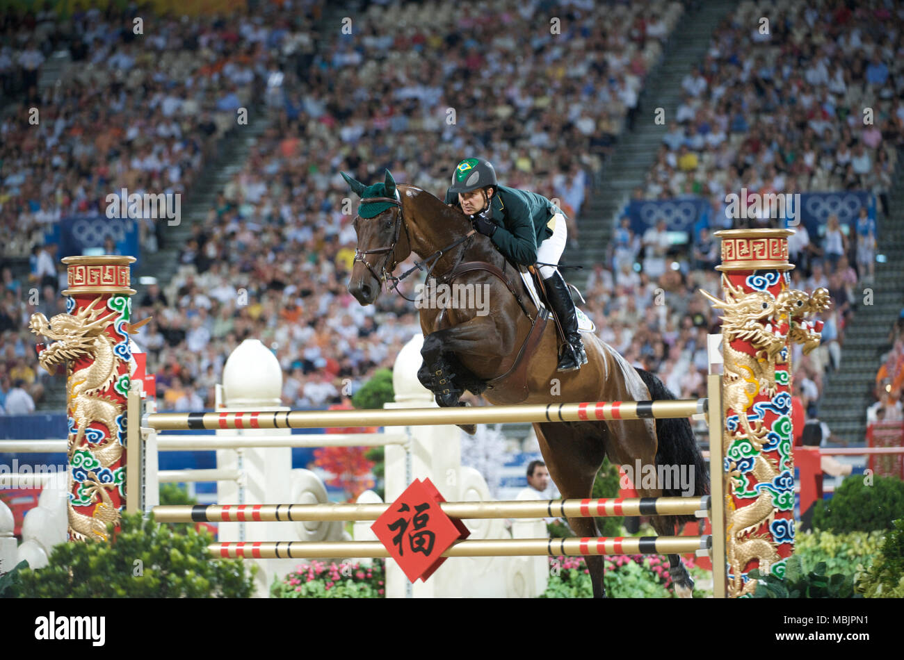 Olympic Games 2008, Hong Kong (Beijing Games) August 2008, Bernardo Alves (BRA) riding Chupa Chup 2, team jumping final Stock Photo