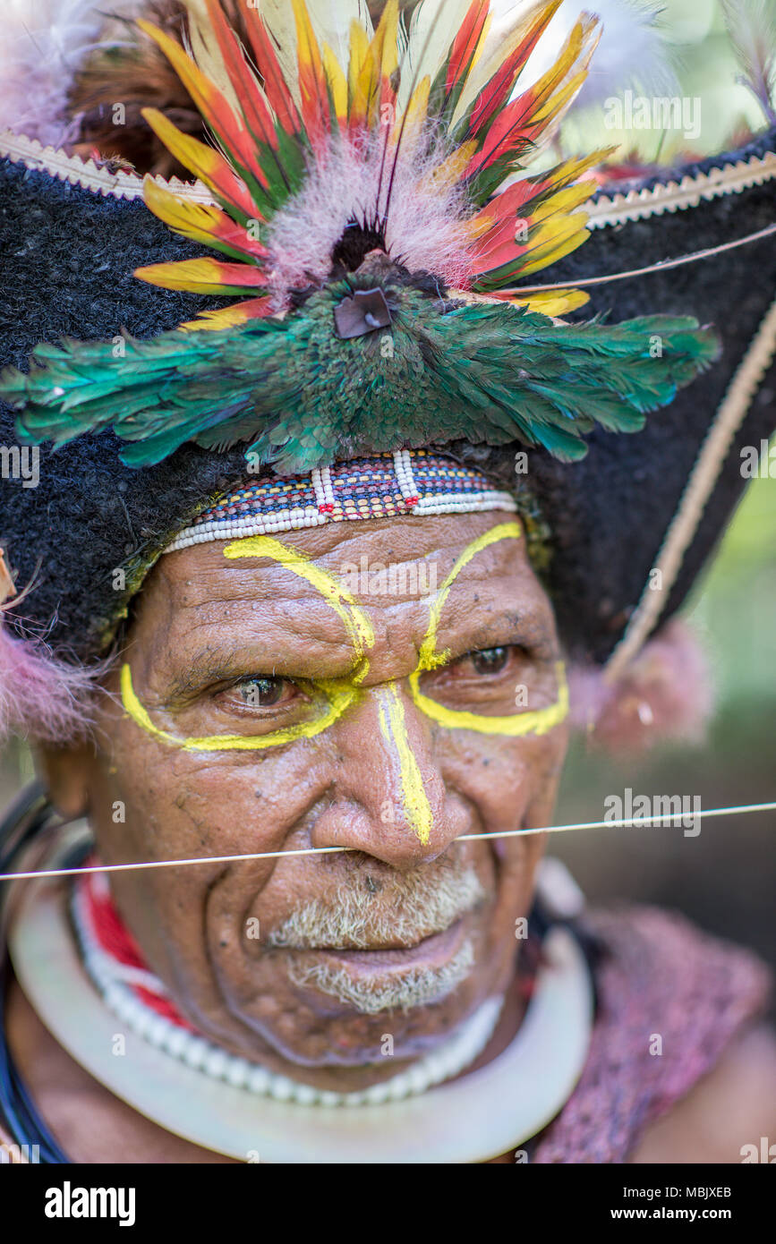 Portrait of an adult teacher for Huli initiates, Tari Valley, Papua New Guinea Stock Photo