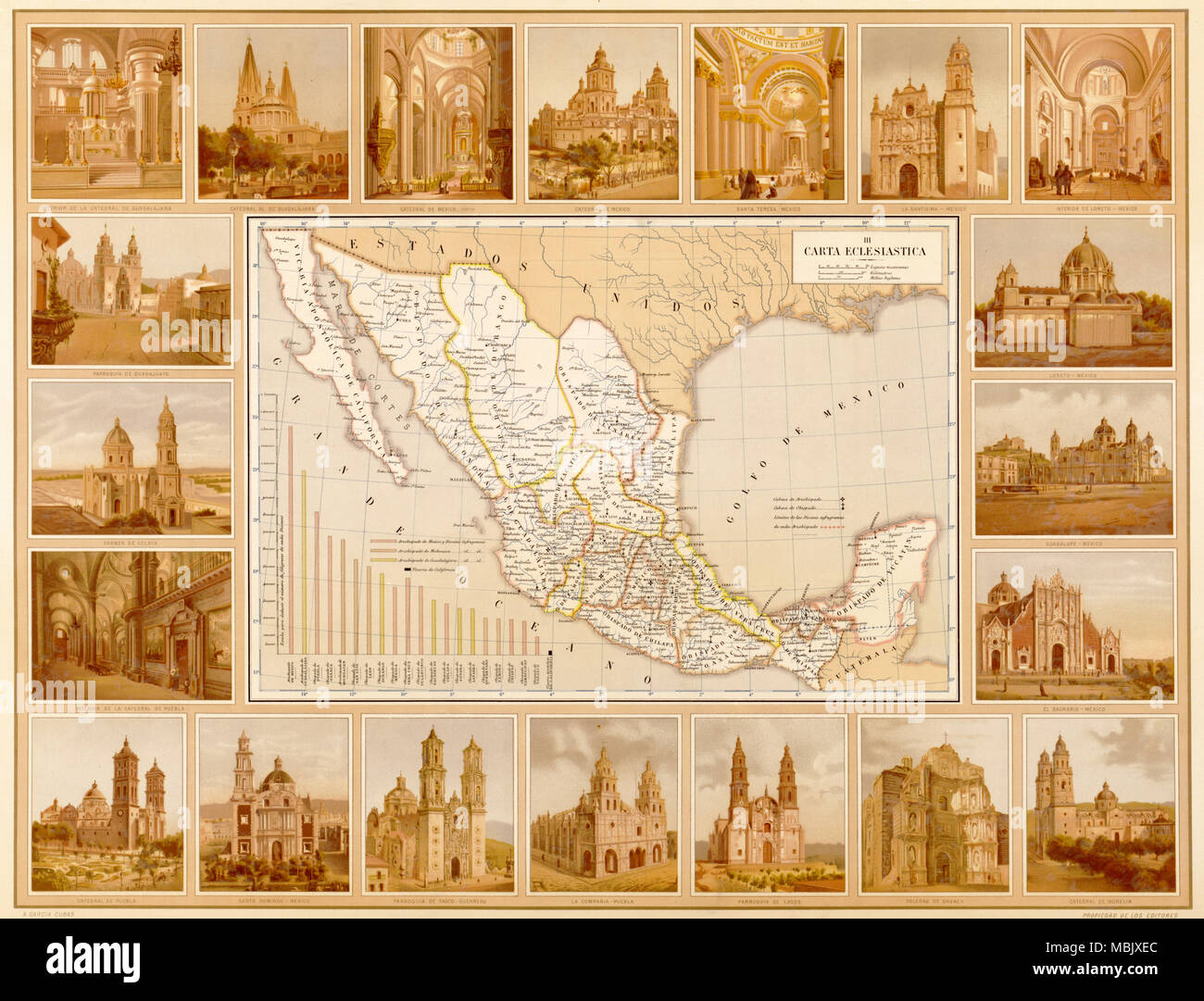 Ecclesiatical Map of Mexico - 1885 Stock Photo