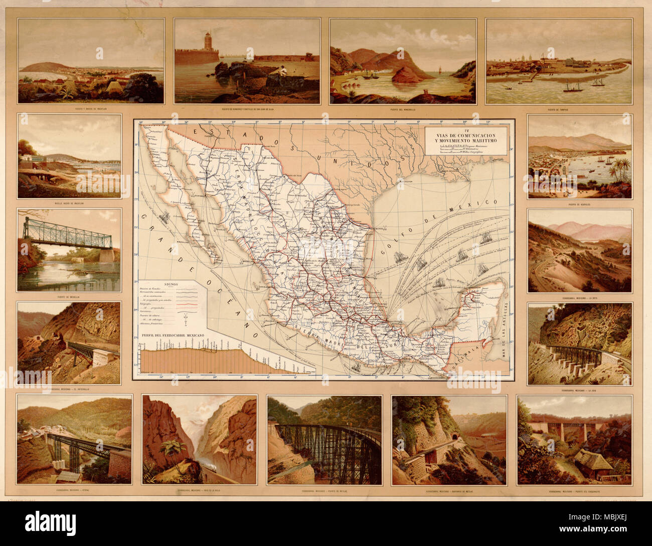 Communications & Maritime Waterways Mexican Map - 1885 Stock Photo