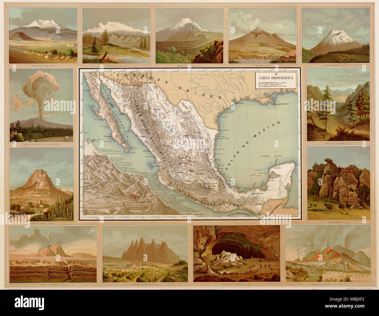 Mexican map of Major Physical Geologic Features- 1885 Stock Photo