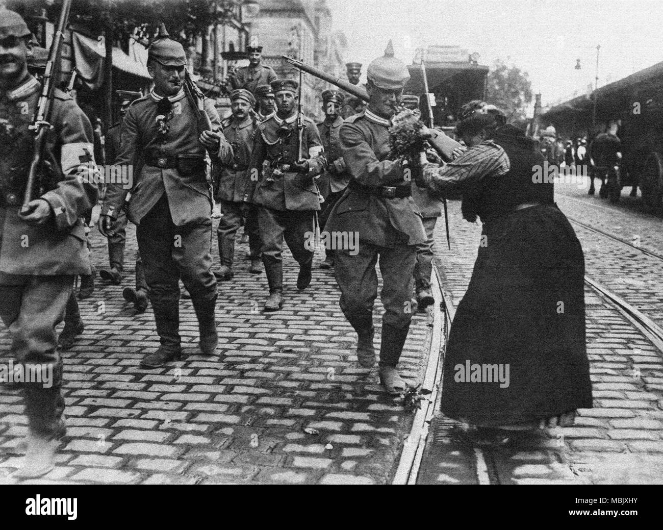 Berlin Joins the War  - soldier don the pickelhaube Stock Photo