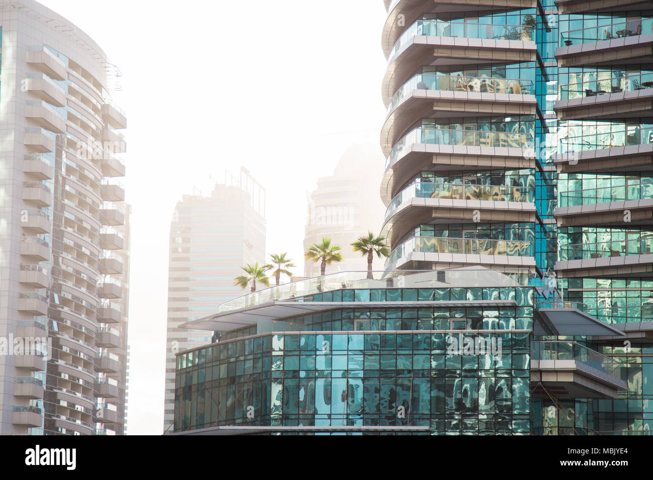 Dubai rooftop patio with palm trees on a hazy day Stock Photo Alamy
