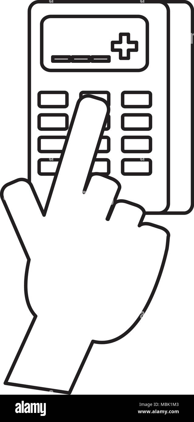 hand with calculator icon over white background, vector illustration ...
