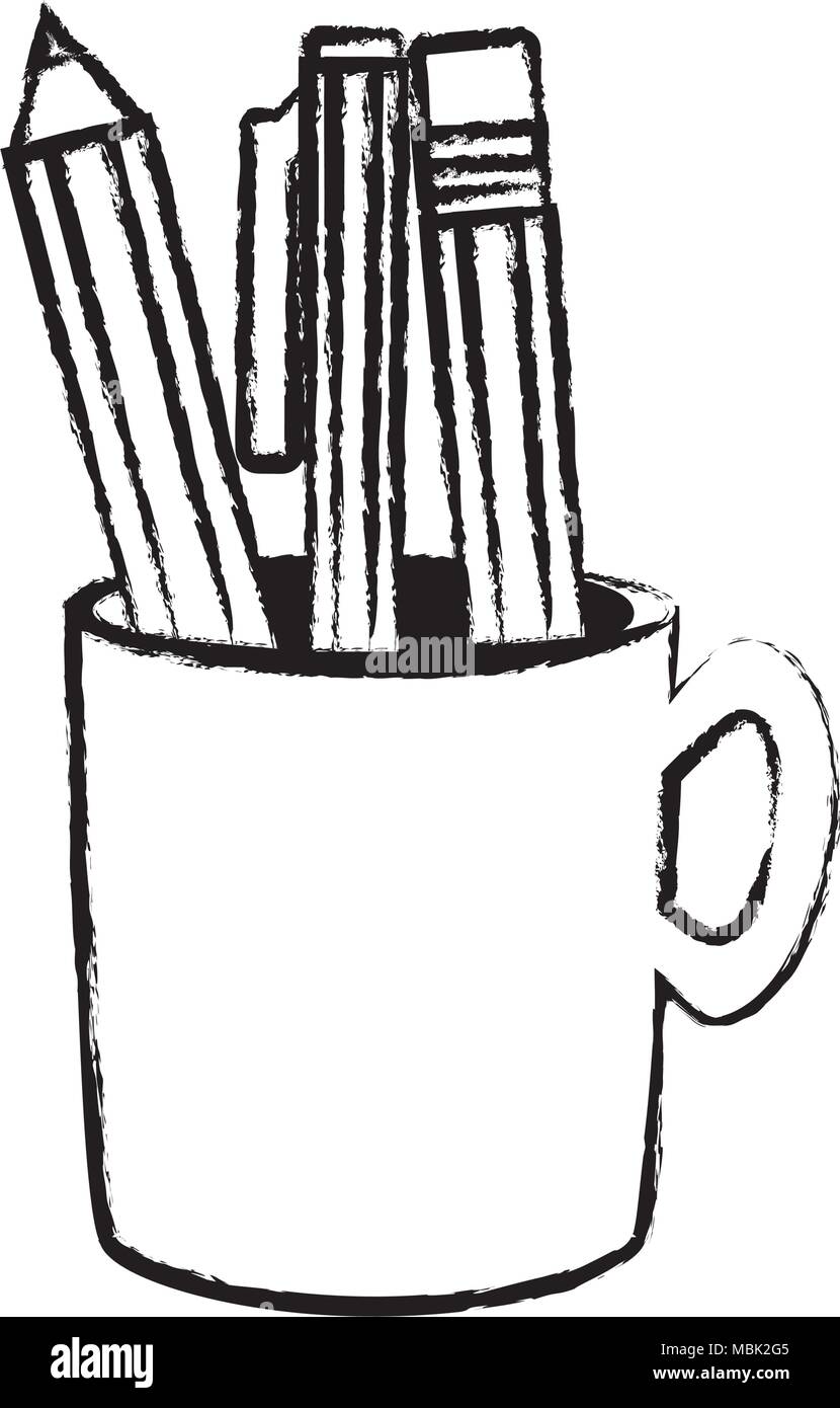 sketch of pencil holder with writing tools icon over white background