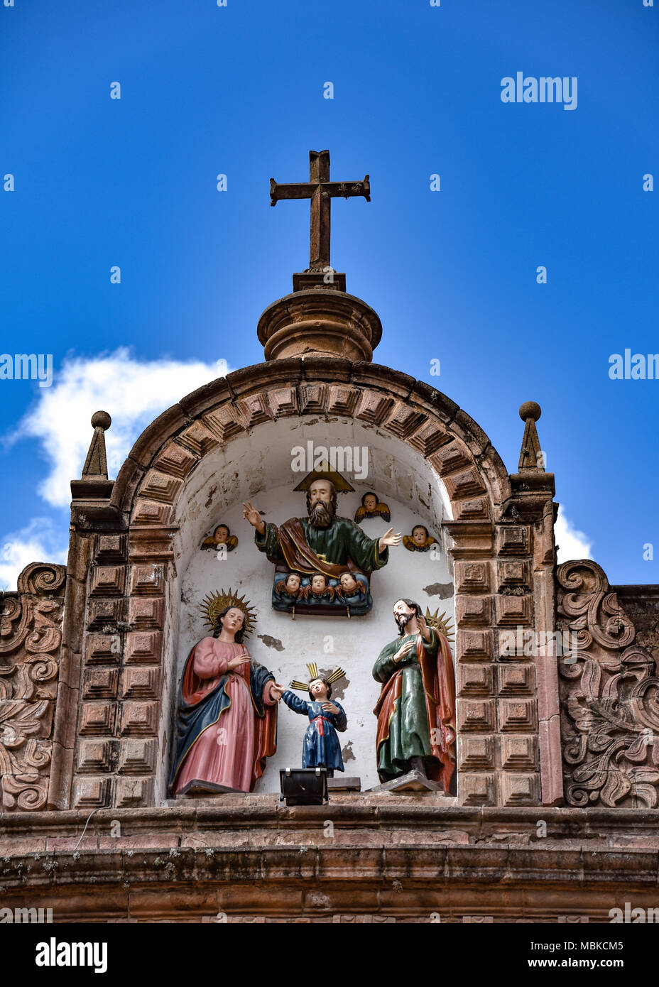 Detail on the facade of the Cathedral of Cuzco in central Cuzco city
