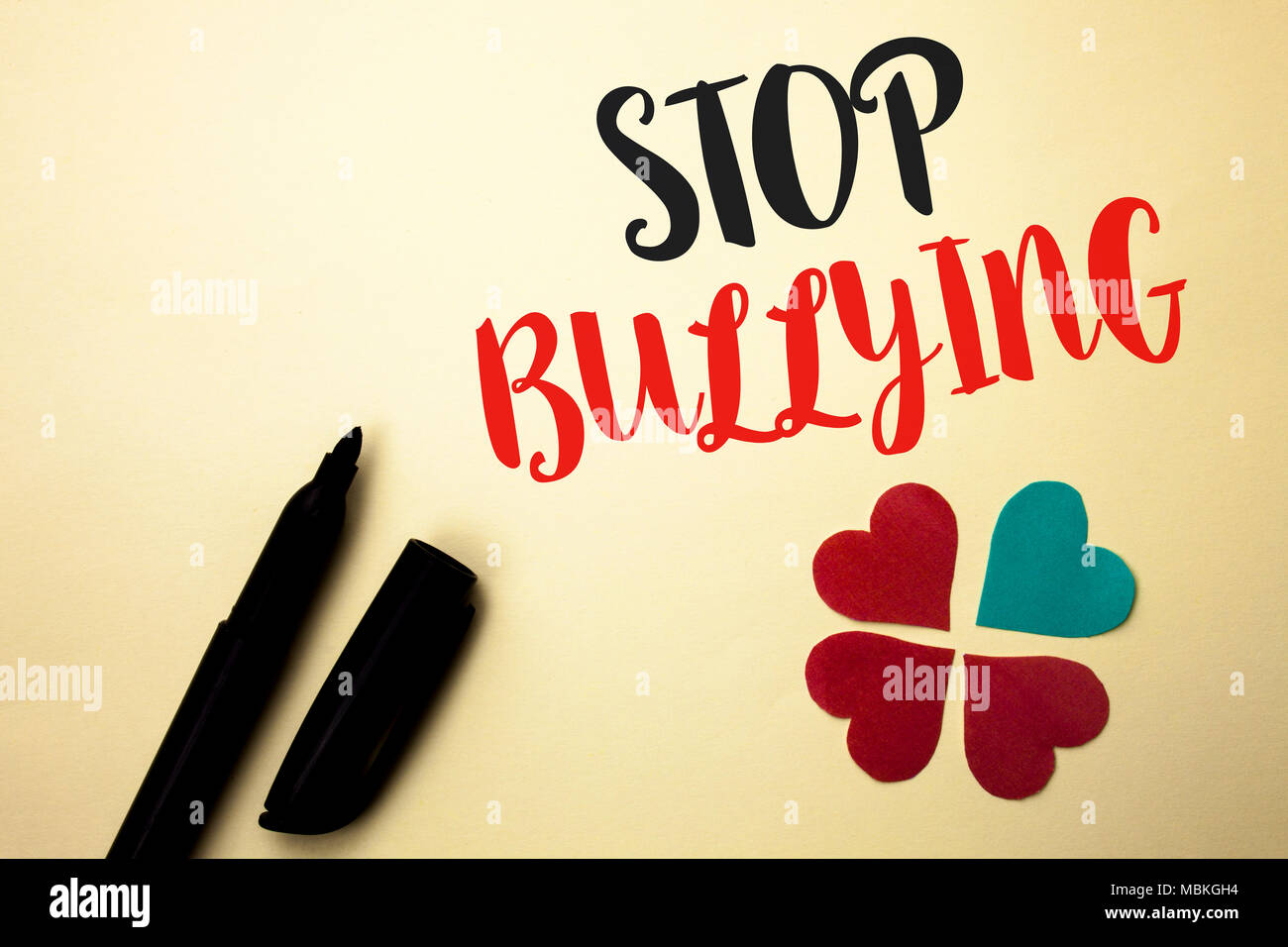 Word writing text Stop Bullying. Business concept for Do not continue Abuse Harassment Aggression Assault Scaring written by Marker the plain backgrou Stock Photo