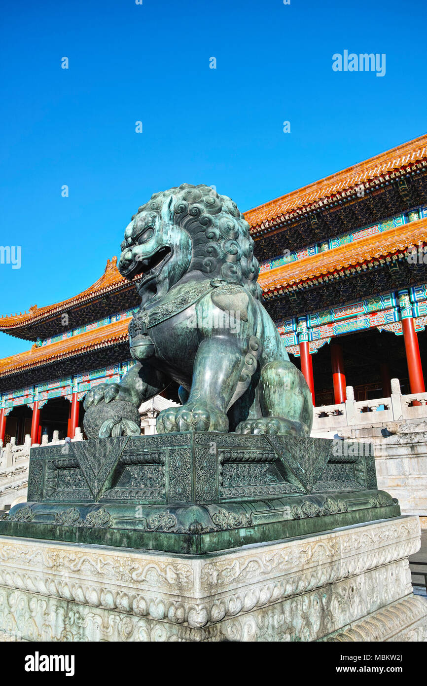 Lion statue gate forbidden city beijing hires stock photography and