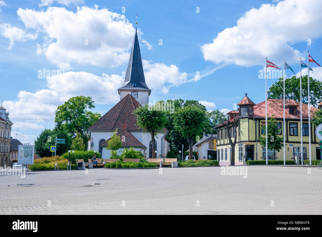 City Tukums, Latvia. Old city center and church at Latvia. It's travel photo. 2018 City center. Stock Photo