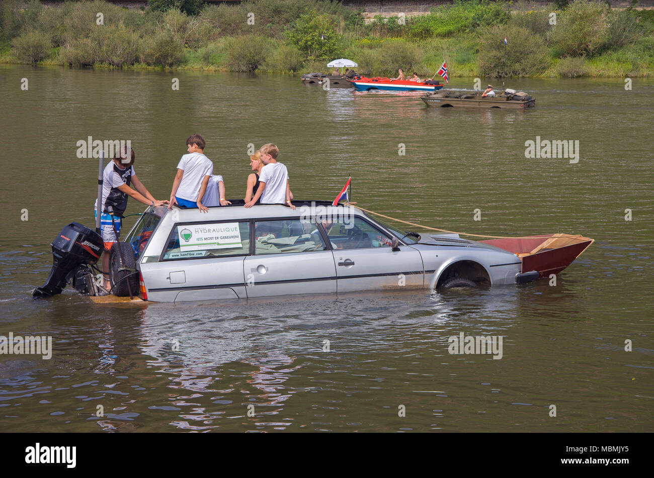 Reconstructed car, amphibian vehicle driving on Moselle river at Bruttig-Fankel, Rhineland-Palatinate, Germany Stock Photo