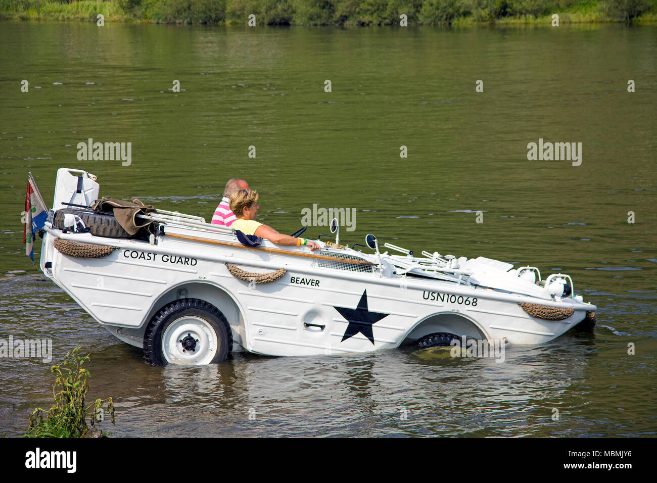 Military amphibious vehicle on Moselle river at Bruttig-Fankel, Rhineland-Palatinate, Germany Stock Photo