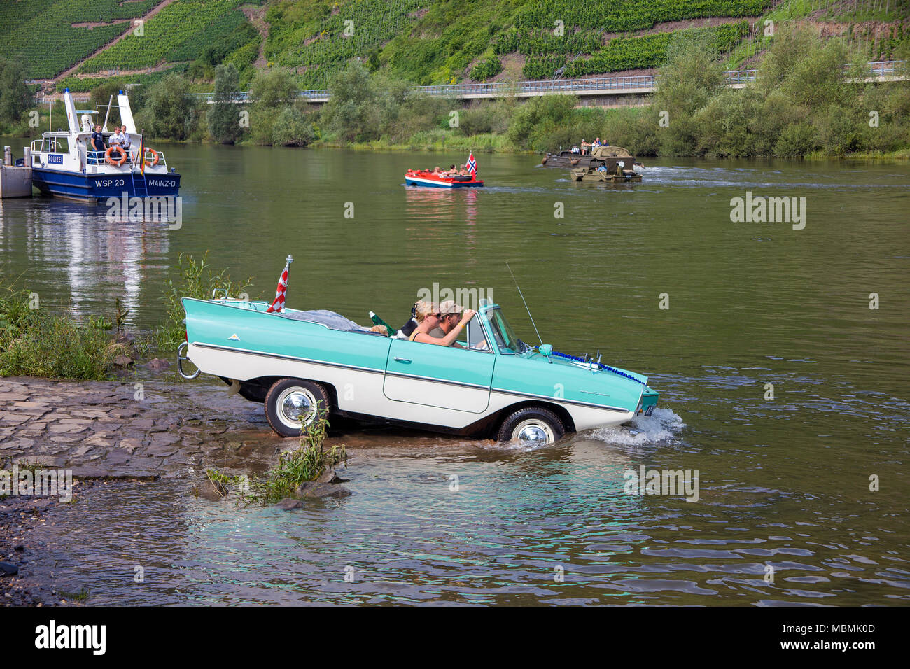 Amphic car, a german amphibious vehicle driving on Moselle at Cochem, Rhineland-Palatinate, Germany Stock Photo