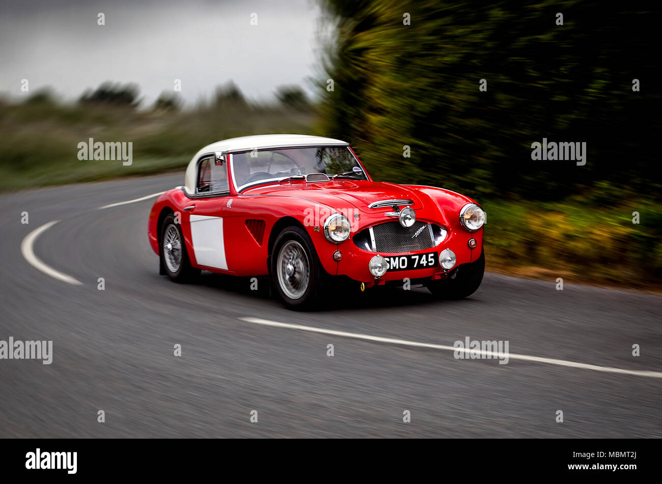 Works 1959 Austin Healey 3000 once driven by Pat Moss on touring route in the lanes near Warwick UK Stock Photo