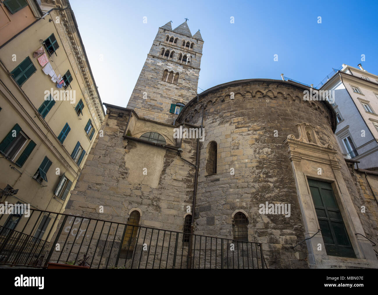 GENOA, ITALY, APRIL 5, 2018 - The apse and the bell tower of the Convent of San Giovanni di Prè (La Commenda) inside the historic centre of city of Ge Stock Photo