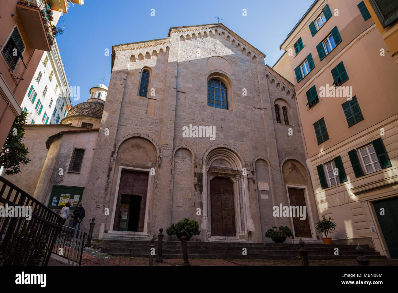 GENOA, ITALY, APRIL 5, 2018 - View of facade of Santa Maria di Castello church in old city centre of Genoa, Italy. Stock Photo