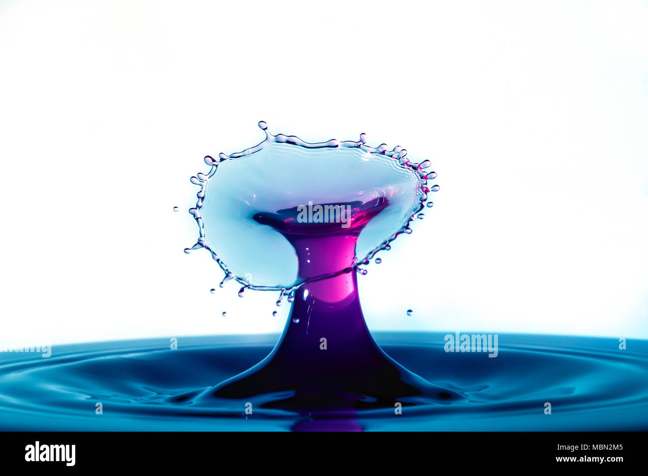 Water droplets colliding macro blue and mauve Stock Photo