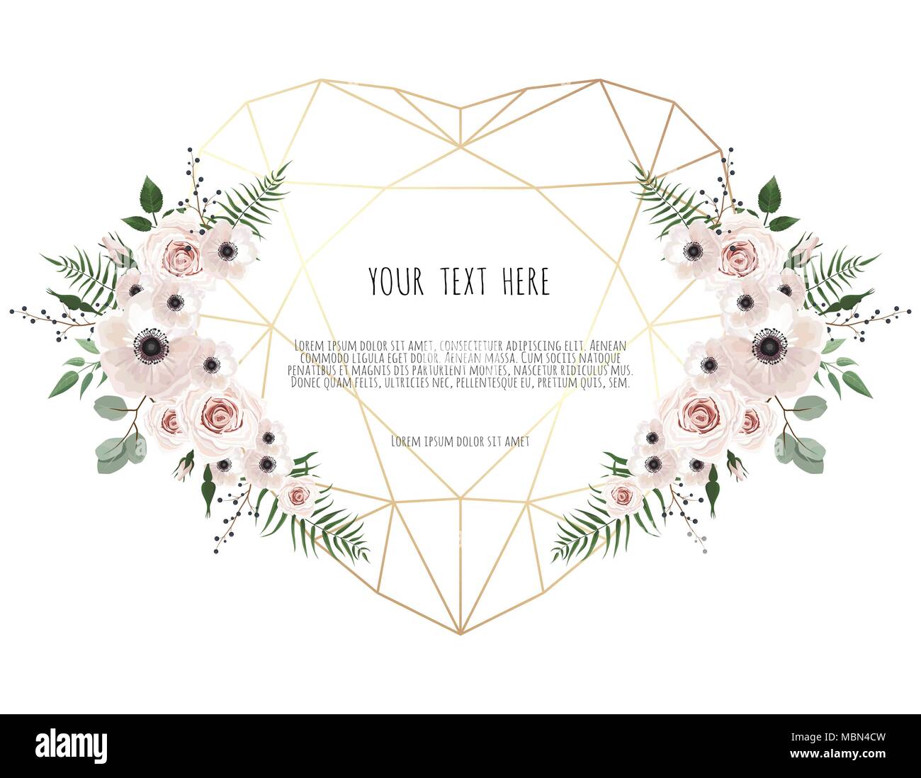 Valentines card on white background with trending polygonal heart and spring flowers. Stock Vector