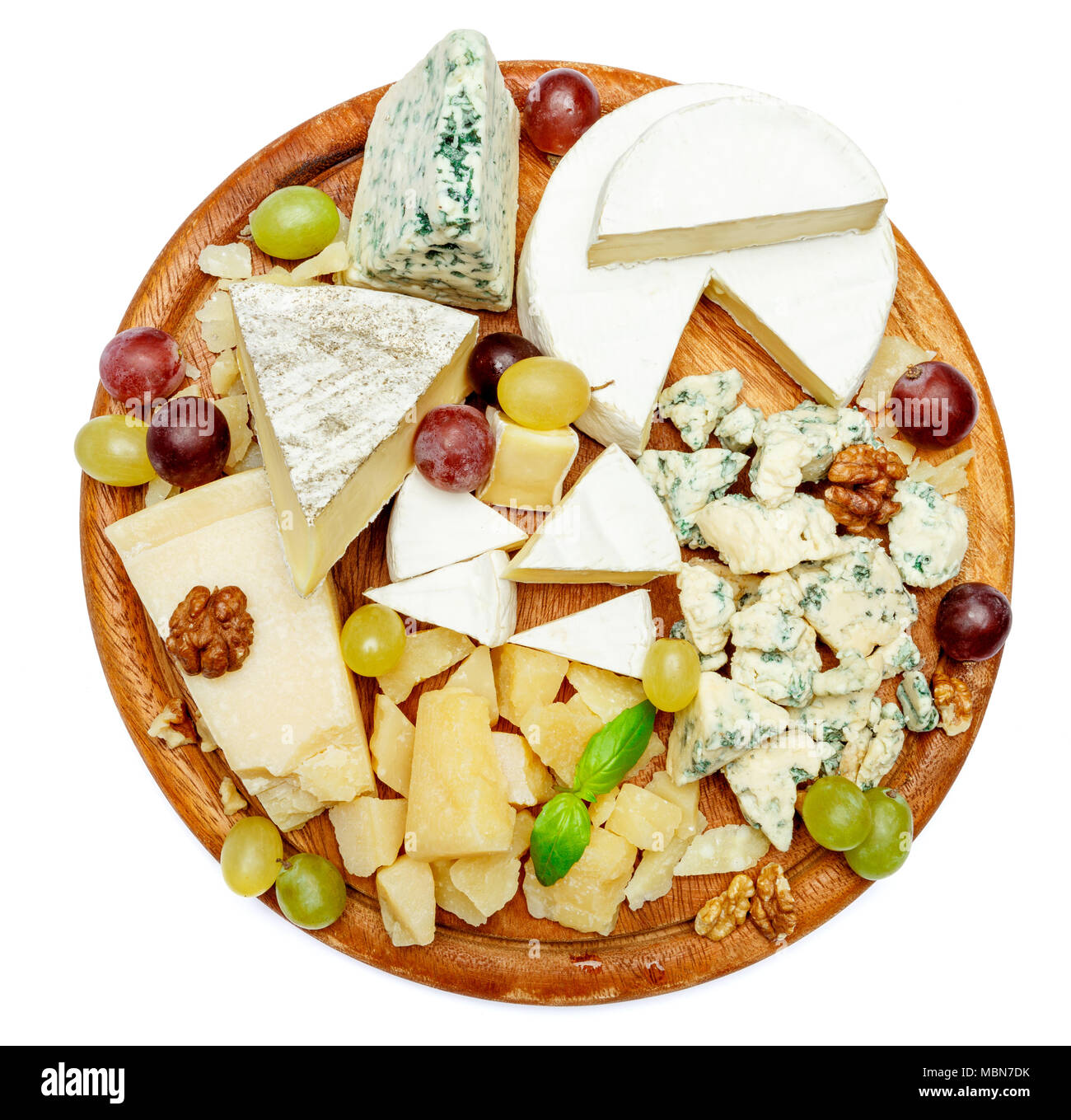 Cheese plate with Assorted cheeses Camembert, Brie, Parmesan blue cheese, goat Stock Photo