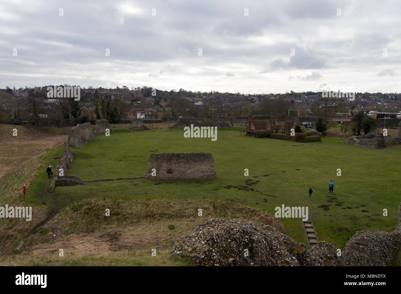 View of remains of Berkhamsted Castle from the top of the defensive conical mound Stock Photo